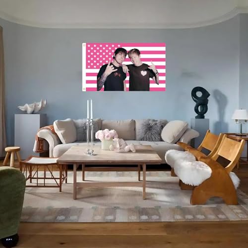 WENWELL Sam and Colby American Flag Wall Tapestry, Pink and White Stars and Stripes Design, Polyester Banner with Brass Grommets, 3x5 Feet, for College Dorm Room, Bedroom