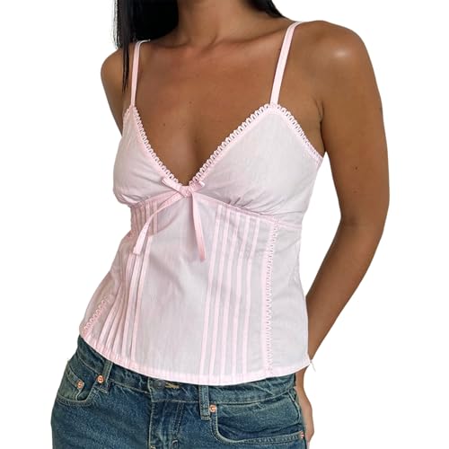 Women Y2K Babydoll Cami Top Sleeveless Backless V Neck Cute Summer Going Out Tank Tops (Pink, L)