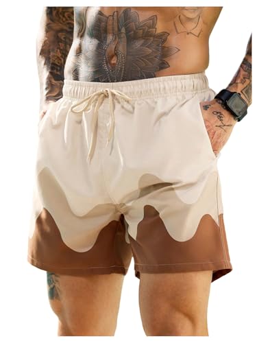 Men's Color Block Swim Trunks Drawstring Waist Hawaiian Bathing Suits Board Shorts Beachwear