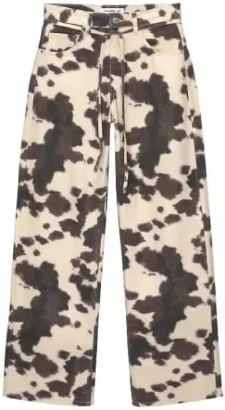 Cow Print Loose Wide Leg Jeans Unisex Y2K Vintage High Waisted Baggy Denim Pants with Retro Street Style (Cow Color Small)
