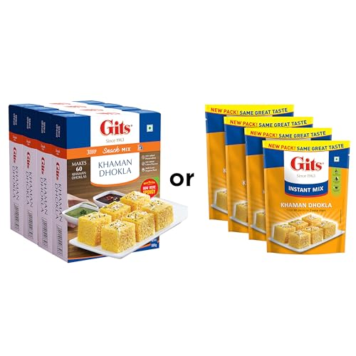 Image of Gits Instant Khaman Dhokla Snack Mix, Makes 60 per Pack, Pure Veg, Indian Snack Mix, 2000g (Pack of 4, 500g Each)