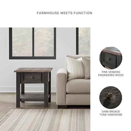 Image of Signature Design by Ashley Tyler Creek End Table, Farmhouse Wood | Smooth-gliding drawer, Open shelf for organized storage, Durable solid and engineered wood and veneers