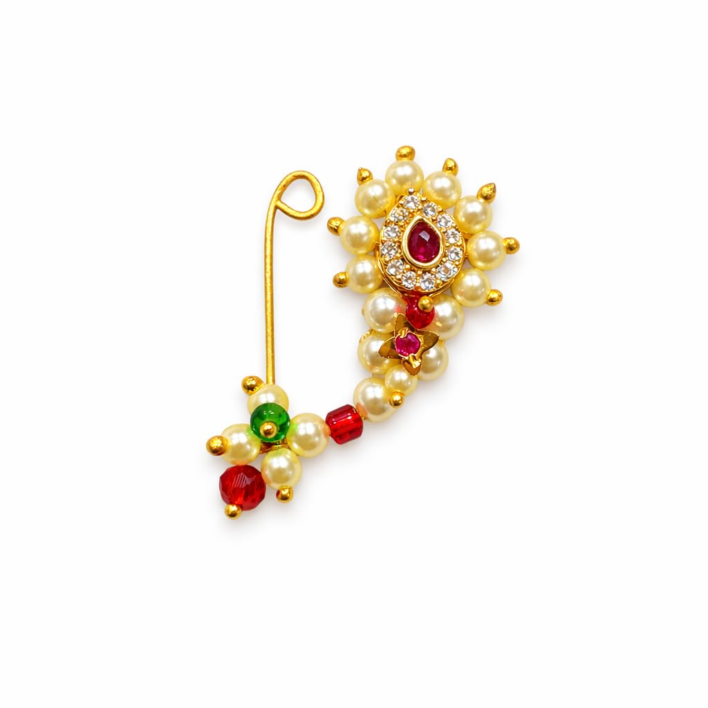 Maharashtrian Nath Nose Ring for Women | Traditional Marathi Pearl, Ruby & American Diamond Clip-On Nath | Non Piercing Bridal Nose Ring Jewellery-image-26