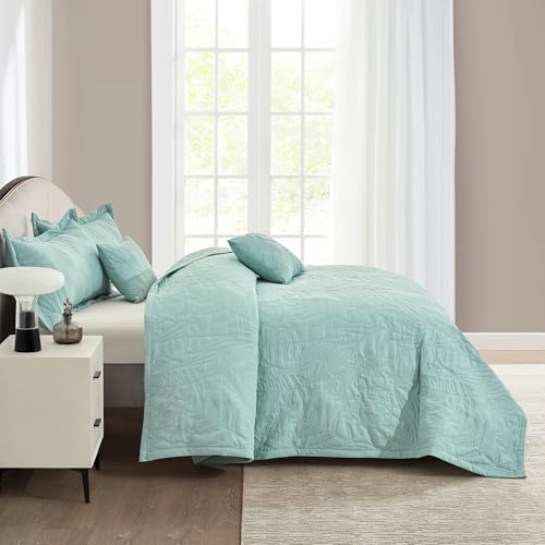 Image of HZ & HY Botanical Oversized King Bedspread, Stitched Leaf Quilt Set King /Cal King, Lightweight Reversible Coverlet, Tailored Edge - Fresh Natural Look, 5 Piece, Seaglass