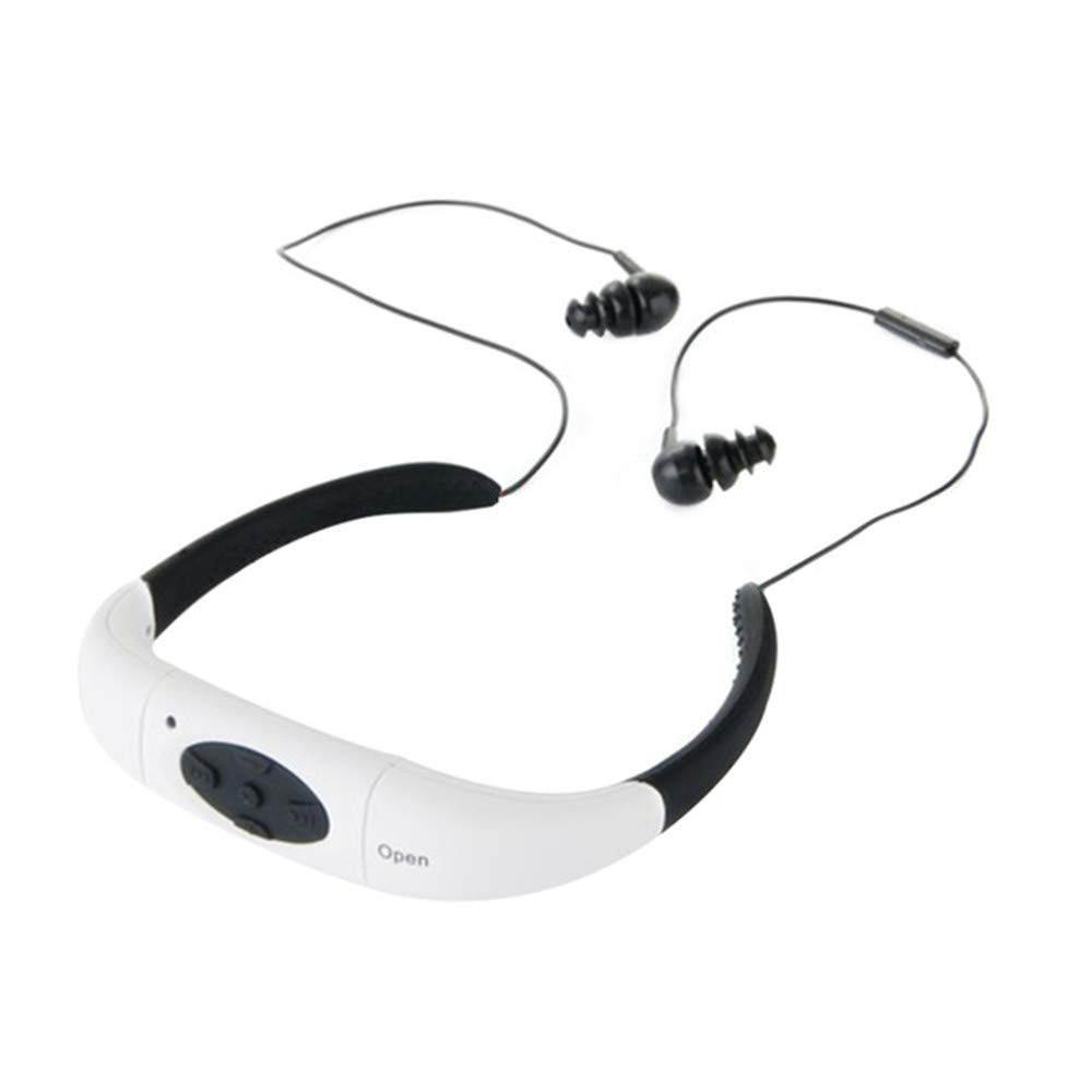 Suney Lecteur MP3 étanche Casque audio sans fil 8 Go HiFi pour natation et course à pied 6 à 8 heures Lecteur MP3 étanche pour surf, natation, sport, course à pied Waterproof Bluetooth blanc