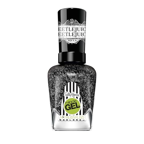 Sally Hansen Miracle Gel Beetlejuice Salon Quality Nail Polish| Gel-Like Formula Two-Step System No UV Light Needed Long Lasting | Opaque Glittery | 929 Ghost With The Most | Black Nail Polish