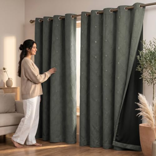 Image of LINENWALAS 100% True Blackout Door Curtains 7 Feet Long Set of 2 | Embossed Moonlight Design | Room Darkening Curtain | Thermal Insulated Curtains for Living Room, Bedroom (129 x 215 cm, Grey)