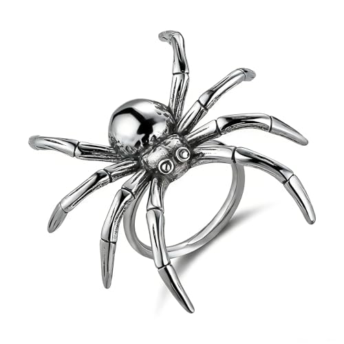 HZMAN 3D Spider Ring for Men Women Stainless Steel Gothic Punk Statement Ring Vintage Silver-Tone Arachnid Design Biker Jewelry Size 10