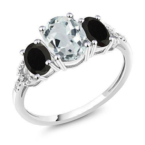 Gem Stone King 10K White Gold Diamond Accent 3-Stone Engagement Ring set with 1.93 Ct Oval Sky Blue Aquamarine Black Onyx (Available 5,6,7,8,9) (Size 6)