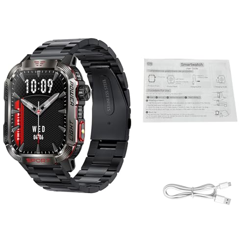 XUMIUZIY Reloj Inteligente para Deportes Al Aire Libre HT29, Pantalla HD de 2,01 Pulgadas con Linterna y Brújula, Más de 100 Modos Deportivos, Rastreador de Ejercicios a Prueba de Agua (Acero Negro)