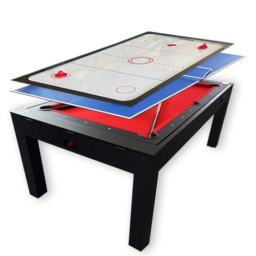 Mesa de billar 7 pies Air Hockey 3 en 1 Mesa de billar Convertible en Mesa de comedor Negro con Paño Rojo - Strike