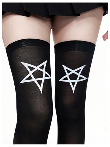 Women's Grunge Punk Thigh High Stockings Y2K Star Graphic Goth Sheer Tights3