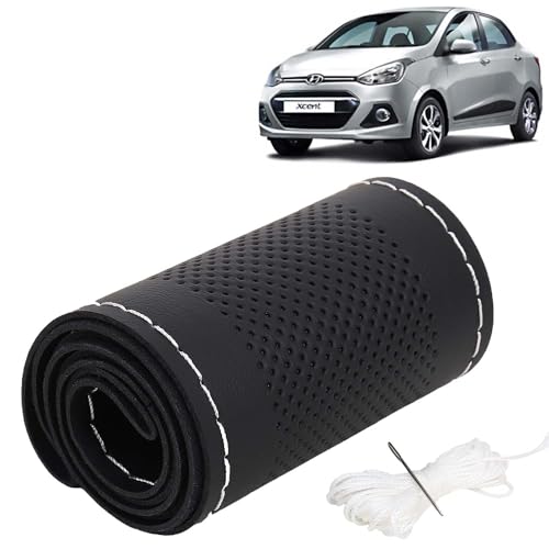 Image of KINGSWAY PU Leatherite Car Steering Cover Sewable Compatible with Hyundai Xcent (Year 2013-2017), Black Color with Silver Thread, Pack of 1 with Sewing Needle and Thread