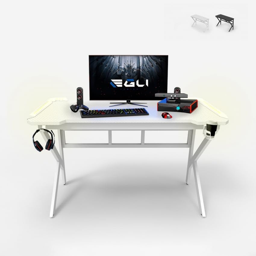 Produce Shop Mesa Gamer LED de Carbono con Soporte para Auriculares y Bebidas 120x60 Sportbot LED 120 - Blanco