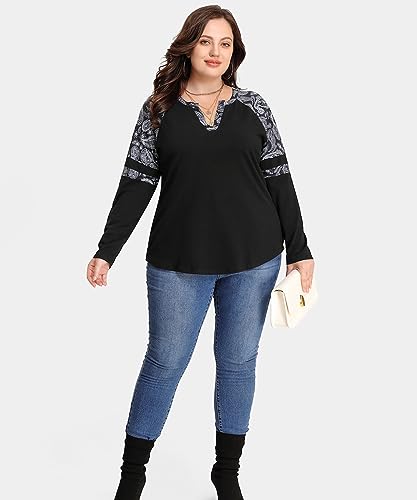 Image of CARCOS Plus Size Tops for Women Long Sleeve Fall Tunic Color Block Camo /Plaid /Leopard /Fall Blouse Crewneck Tshirt XL-5XL