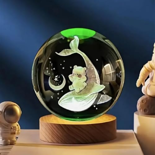 Image of Hamsa Crystal Ball Night Light - 2.4 Inch 3D Dolphin with Teddy Bear LED Lamp with Wooden Base | Gift for Women, Men, Kids | Decorative Bedside Light | Valentine & Birthday Gifts
