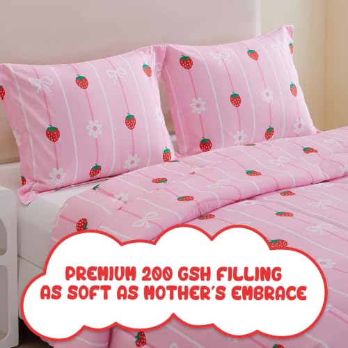 Image of Yibeizi Pink Strawberry Comforter Set for Girls Twin Bow Striped Bedding
