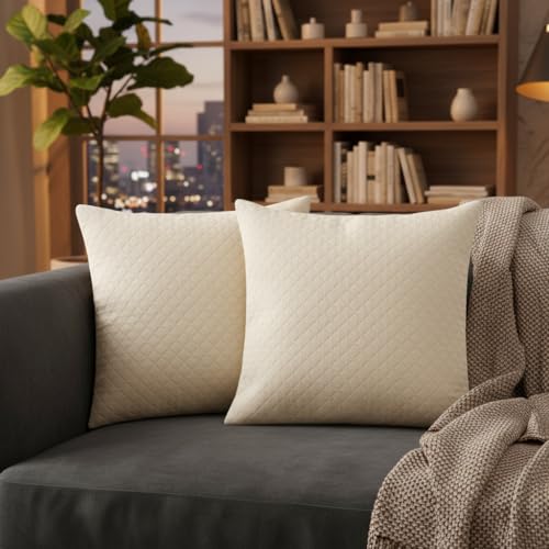 Image of STITCHNEST Quilted Velvet Cushion Covers Set of 2 | Soft Beige | 12x12 Inches | Premium Sofa & Living Room Decor