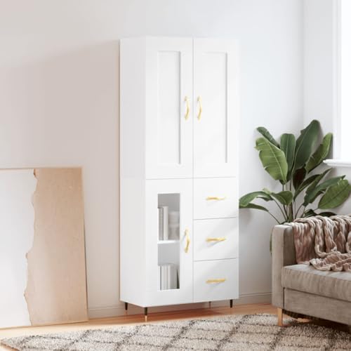 Sephironlbb Aparador alto, blanco, 69,5 x 34 x 180 cm, madera derivada de la madera, elegante espacio de almacenamiento para salón, comedor y cocina, con aparador y bandeja