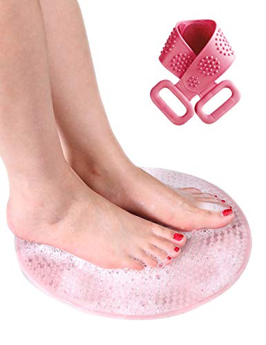 Shower Foot Massager Scrubber  2 in 1 Silicone Feet Cleaner with Silicone Back Scrubber - Non Slip, Improves Foot Circulation, Relieve Tired and Pain, Lathers Well, Long Lasting (Pink)