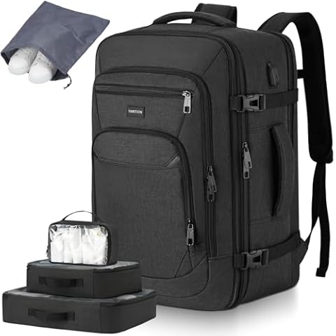 YAMTION Expandable Carry on Backpack with 4 Packing Cubes,Extra Large 42L Travel Backpack Weekender Airplane Approved with USB Port College School Backpack for Travel Business University Cover