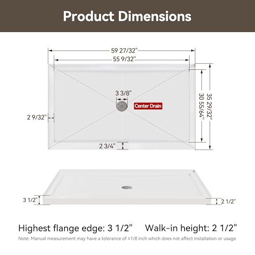 Image of HOROW 60 inch x 36 inch Shower Base, Center Drain Shower Pan, Low Profile Acrylic Base with Reinforced Fiberglass, Non-Slip Surface, Stainless Steel Drain Cover, Leak-Resistant for Bathroom