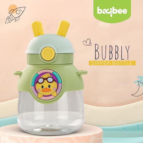 Image of Baybee Bubbly Kids Sipper Water Bottle 670ml | BPA Free & Leakproof Safe Sipper Bottle with Straw | Cute Rabbit Design Smooth Sipping with Handle & Neck Strap, Flip Lid for School Kids & Babys (Green)