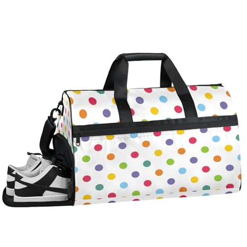 White Gym Bag for Womens Mens with Shoes Compartment, Coloured Dots Duffle Bag for Airplane Sport Gym Tote Bags Yoga Waterproof Weekender Travel Bag