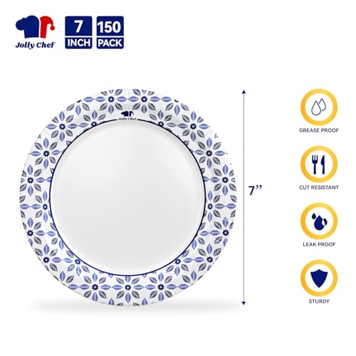 Image of JOLLY CHEF 7 inch Disposable Paper Plates 150 Count, Soak Proof, Cut Proof, Heavy Duty Paper Plates Ideal for Everyday Use