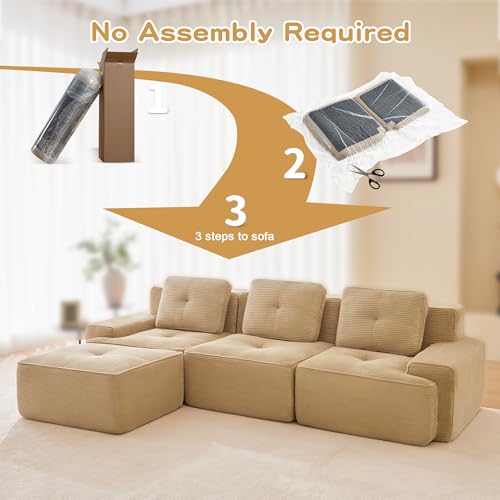 Image of 117 inch L-Shaped 3-Seater Modular Boneless Couch with Ottoman, Soft Corduroy Cloud sectional Sofa, Deep Seat Ergonomic Design, No Assembly Anti-Slip Sofa for Living Room, Camel