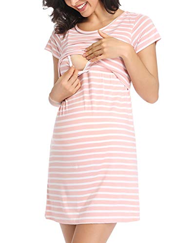 Ritera Umstandsnachthemd/Still-Nachthemd Kurzarm Streifen mit Knopfleiste für Schwangere Frauen Sommer, Pink,M