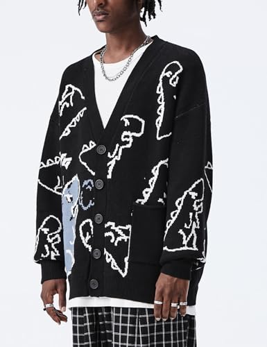 Flygo Mens Dinosaur Sweater Chunky Oversized Knitted Cartoon Button Down Sweater Cardigan3