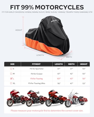 Image of Benlari Upgraded Waterproof Motorcycle Cover with Side Box Compatible with Harley Davidson Touring Models Street Glide /Road Glide /Electra Glide /Honda, Outdoor All Weather Protection (107 inch x 43 inch x 50 inch)