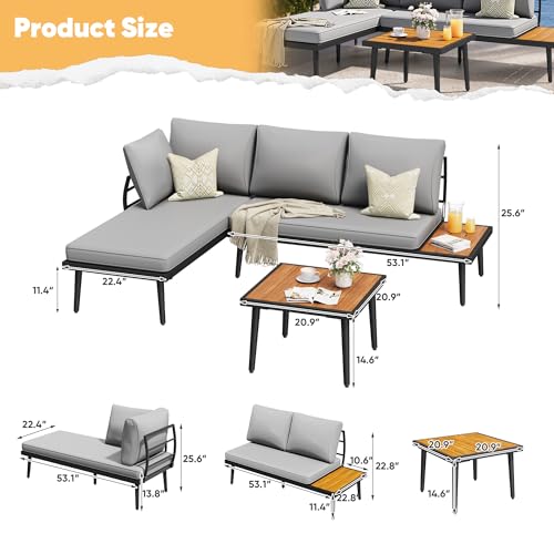 Image of Greesum Outdoor Sectional Sofa Set L-Shaped Metal Patio Furniture with All-Weather Cushions and Built-in Side Coffee Table for Garden, Lawn, Backyard, Poolside, Gray