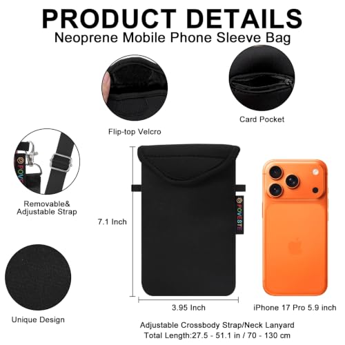 Image of POVESTE Neoprene Cell Phone Sleeve Pouch Case Bag with Crossbody Strap Lanyard for Women, Flap Closure Secure Cell Phone Bag with Pocket for Cards, Cash. (Black)