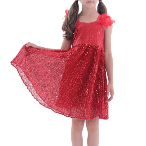 WELAKEN Girls Sparkly Sequin Dress Feather Strap Pleated Twirl Party Formal Dress