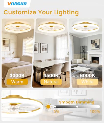 Image of VOLISUN Low Profile Ceiling Fans with Lights and Remote, 24in Fandelier Ceiling Fan Flush Mount, 3000K-6500K Smart Bladeless LED Fan Light, Gold Modern Ceiling Fans with Lights for Bedroom