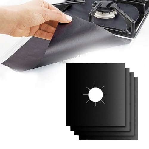 SGERUFZ 4 Piezas Protectoras para Hornillos, Quemador, Estufa, Cubre Encimera, Tapa para Horno, Almohadilla de Limpieza de Estufa (27 x 27 cm) (Negro)