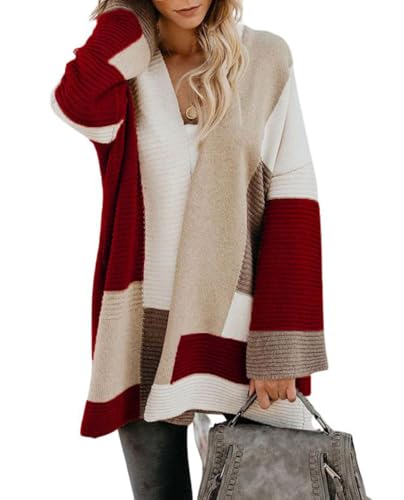 Image of chouyatou Women's Fall Geometric Color Block Open Front Cardigan Sweater Elegant Casual Oversized Coatigan Coat