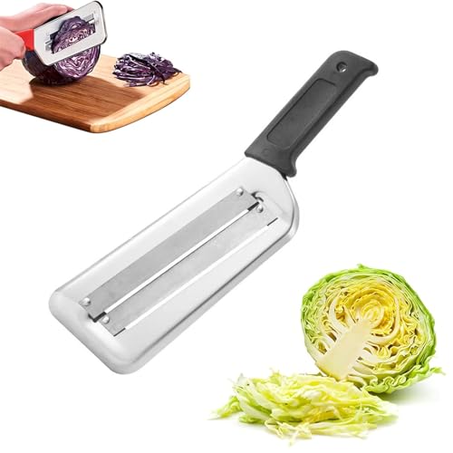 Dual Blade Julienne Cutter, Stainless Steel Double-Layer Slicer, Stainless Steel Cabbage Shredder for Coleslaw & Sauerkraut, Ergonomic Lettuce Chopper with Silicone (Black)