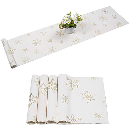 Alishomtll Merry Christmas Table Runner with 4 Placemats, White Snowflake Table Runners, Gold Stamping Printed Table Mats Set for Xmas Decoration, Dinner Parties, Gift