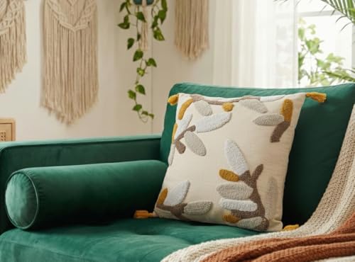 Image of Furnistitchs Handmade Cotton Bohemian Home Decor Cushion Cover 24x24 inches / 60x60 cms - Boho Chic Couch Sofa Throw Living Room Bedroom Cushions (2, Cream Leaves)