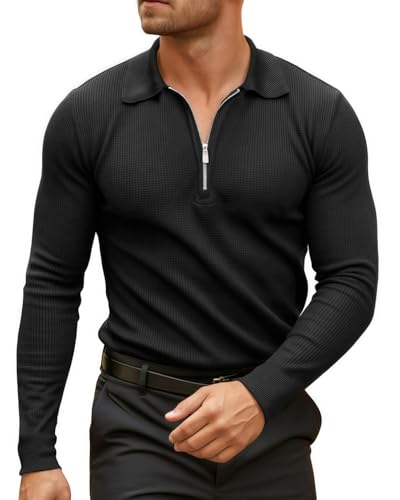Lehmanlin Men's Slim Fit Muscle Polo Shirts Long Sleeve Casual T-Shirts Quarter Zip Waffle Golf Tops...