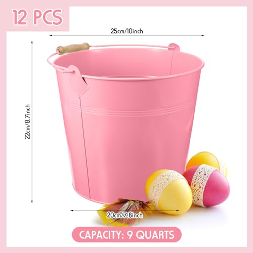 Image of Didaey 12 Pcs 9 Quart Large Galvanized Metal Buckets with Handle Inch Heavy Duty Stainless Steel Pails Round Pail for Party Wedding, Crafts, Utensils, Table Centerpieces (Pink)