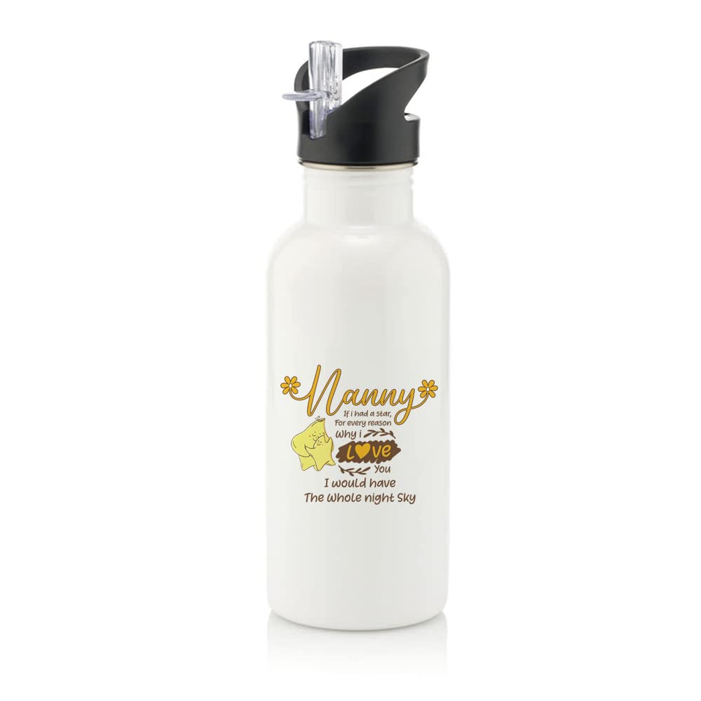 Getagift White Mothers Day, Nanny If I Had A Stars Christmas, Birthday, Nannie, Nan Stainless Steel 600Ml Water Bottle With Straw. (White)