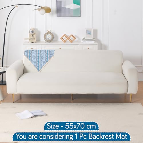Image of HOKIPO Sofa Backrest Cover with Tassel | 300 GSM Thick Cotton Acrylic Jacquard Fabric Backrest Mat, Size 55x70 cm,'Trivana Series' Aqua Blue (IN-932-J7)