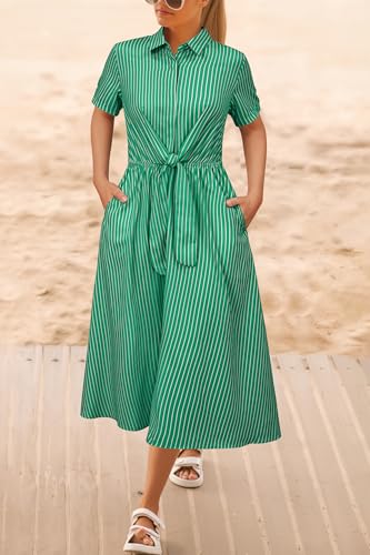 Image of Newshows Women's Work Business Casual Outfits Tie Waist Midi Shirt Dress | Lightweight & Breathable Easy-care Fabric, Side Pockets, Decent Professional Attire, Church Office Funeral Outfits