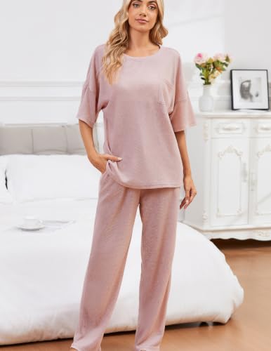 Image of JiniGolla Womens Pajama Sets Waffle Knit Short Sleeve Shirt with Long Pajama Pants Soft Sleepwear Pj Lounge Sets