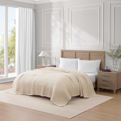 Image of Tommy Hilfiger - Twin Cotton Blanket, Woven Running Stitched Bedding, Medium Weight Soft Blanket, Anti-Pilling & Fade Resistant, Ideal for Layering, Oeko-TEX Certified (Beige)
