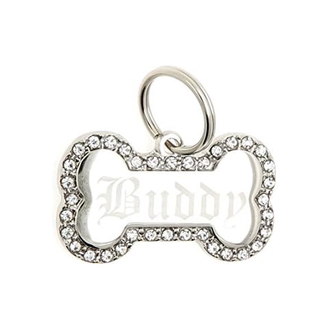 Yippo Accessories Custom Engraved Personalized Stainless Steel Bone Shape w/Clear Rhinestones Dog Pet ID Jewelry Bling Tag Cover